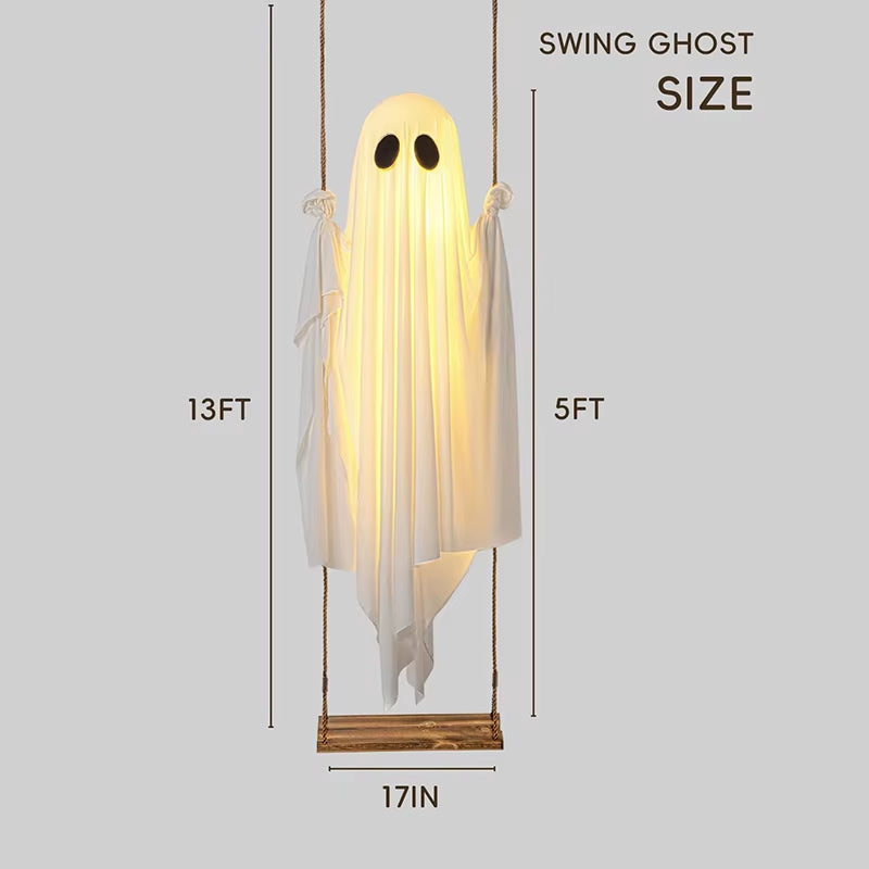 Outdoor Large Hanging Swing Ghost Halloween Decoration with String Lights Ghost Cute Ghost Decoration Front Porch Courtyard Tree