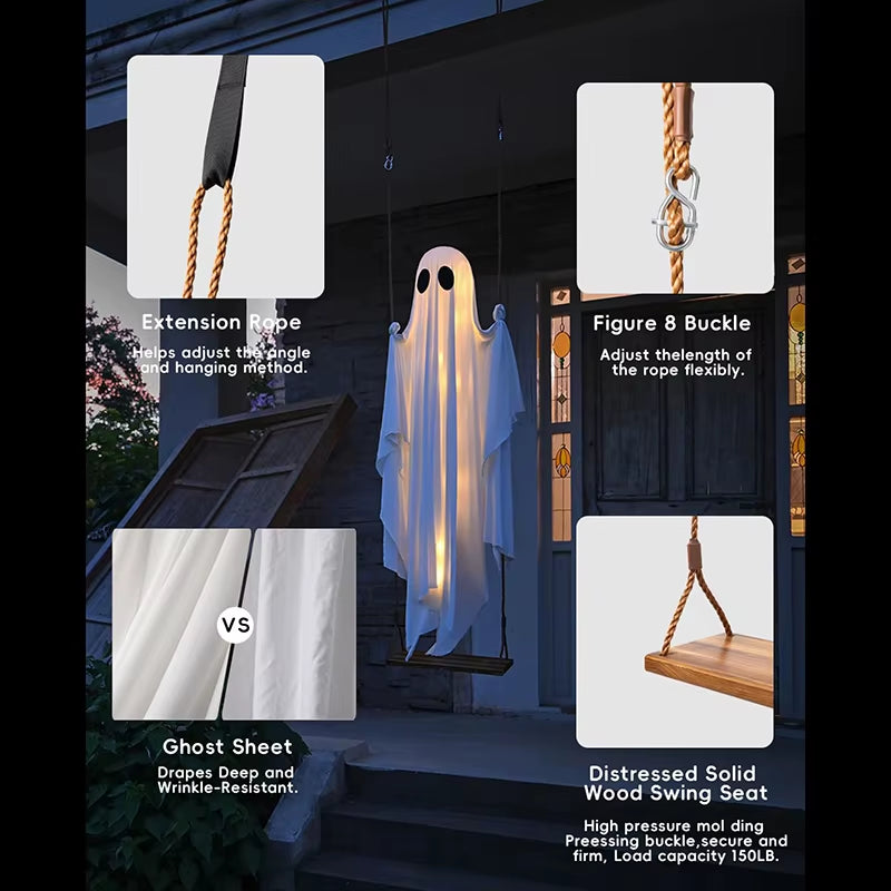 Outdoor Large Hanging Swing Ghost Halloween Decoration with String Lights Ghost Cute Ghost Decoration Front Porch Courtyard Tree