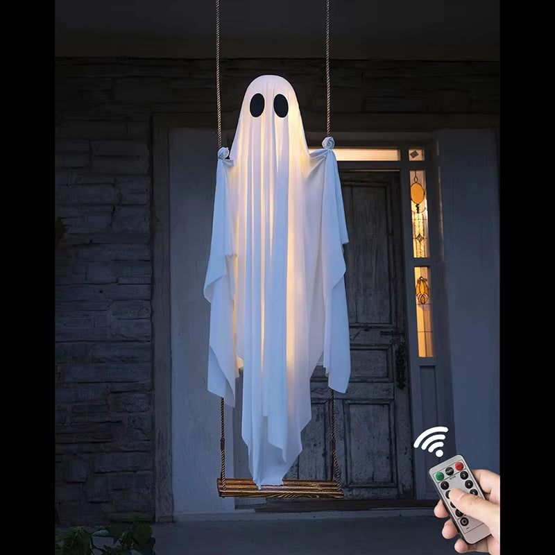 Outdoor Large Hanging Swing Ghost Halloween Decoration with String Lights Ghost Cute Ghost Decoration Front Porch Courtyard Tree