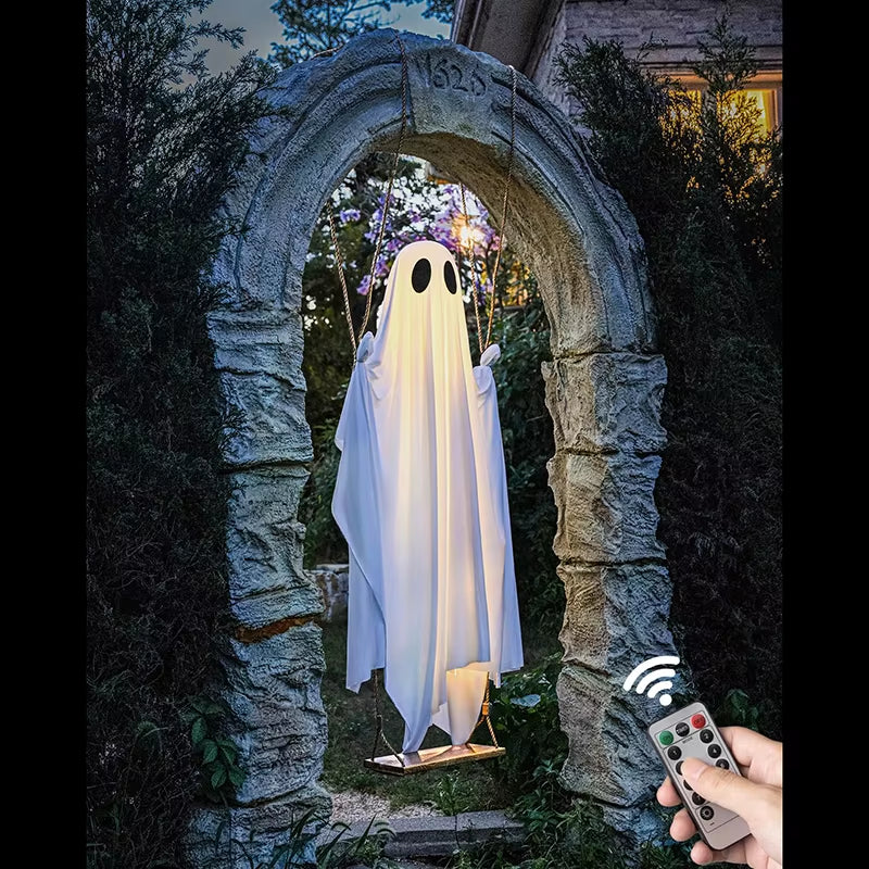 Outdoor Large Hanging Swing Ghost Halloween Decoration with String Lights Ghost Cute Ghost Decoration Front Porch Courtyard Tree
