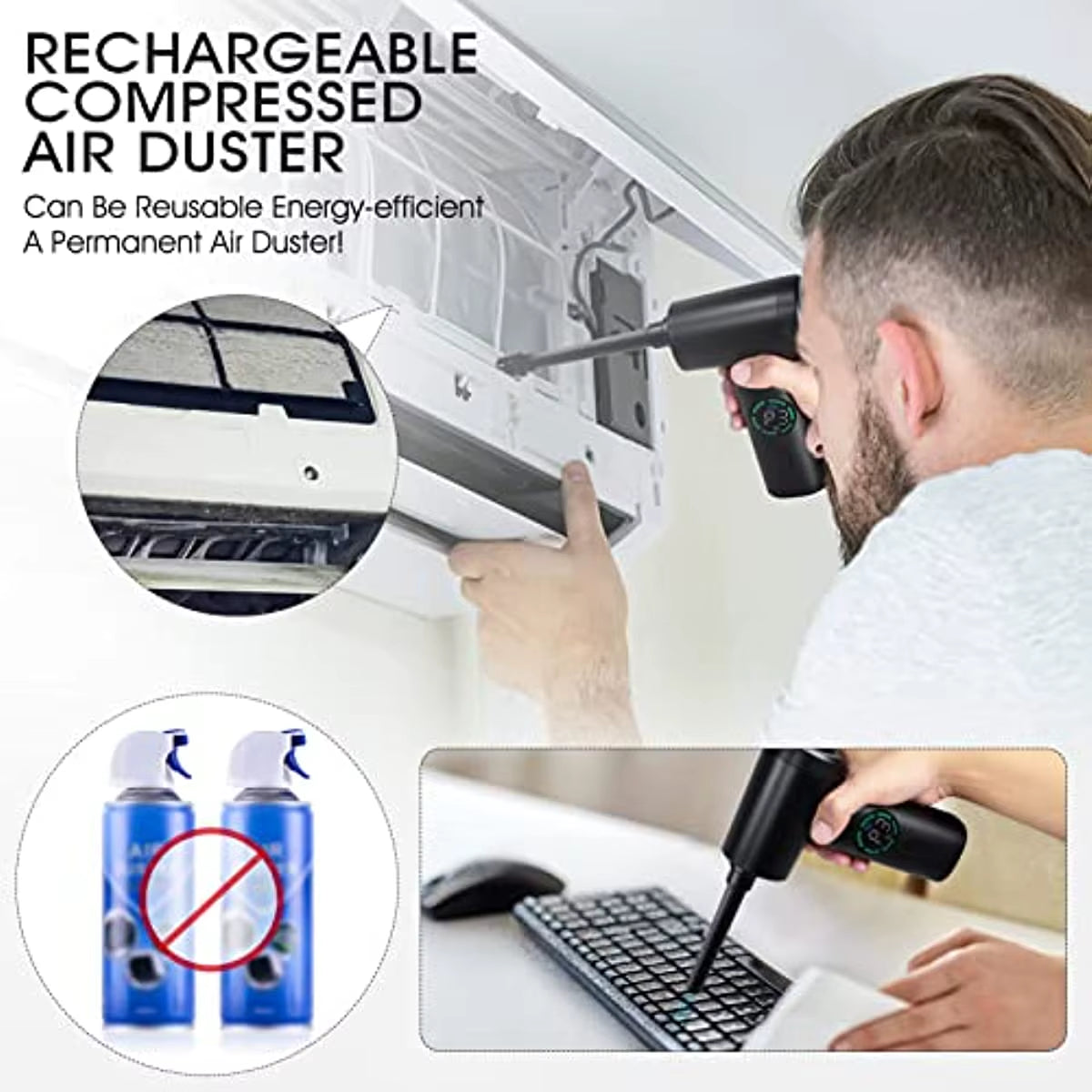 7500Mah Portable Compressed Air Duster Multi Air Blower & Vacuum Cleaner Cordless Duster Blower for Keyboard Computer Cleaning