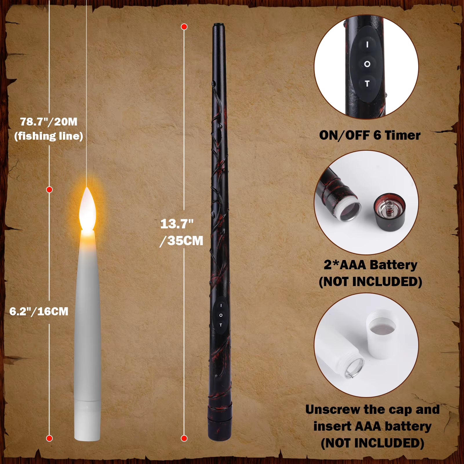 12PC LED Floating Candles with Magic Wand Timer Flameless Flying Candle Flickering Burning Candles for Wedding Holiday Decor