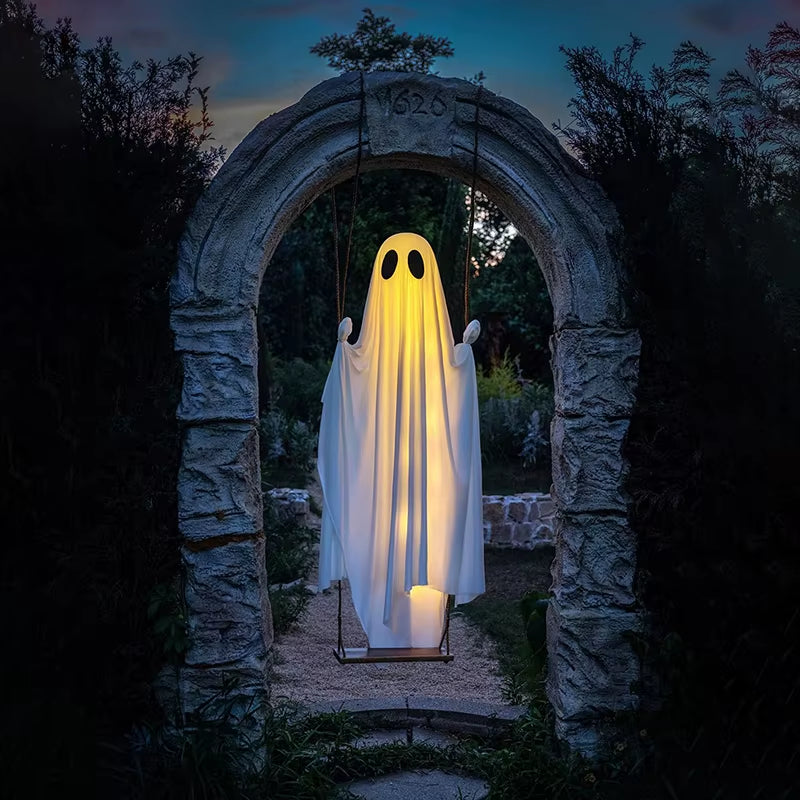 Outdoor Large Hanging Swing Ghost Halloween Decoration with String Lights Ghost Cute Ghost Decoration Front Porch Courtyard Tree